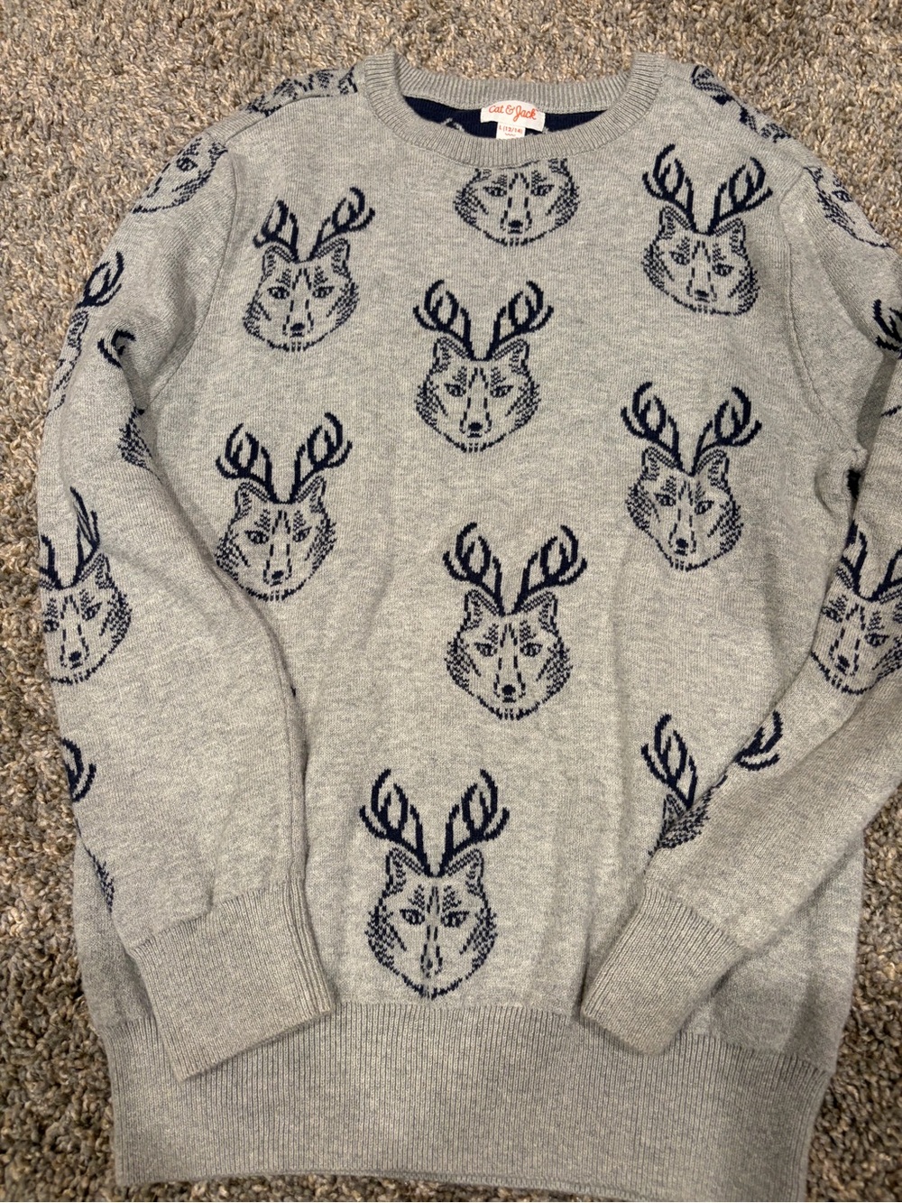 Cat & Jack Gray Crewneck Sweater with Navy Fox-Antler Motif